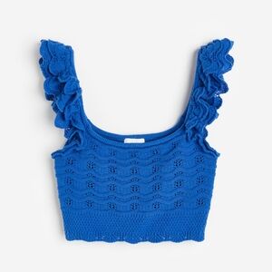 Fairy Crocheted Dainty Coquette Coastal Blue Crop Top Ruffle Straps Size Medium